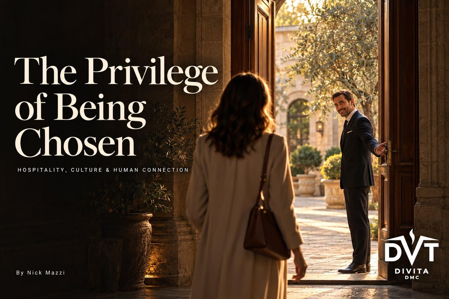 The Privilege of Being Chosen: a host opens the door of a historic palazzo to welcome a guest